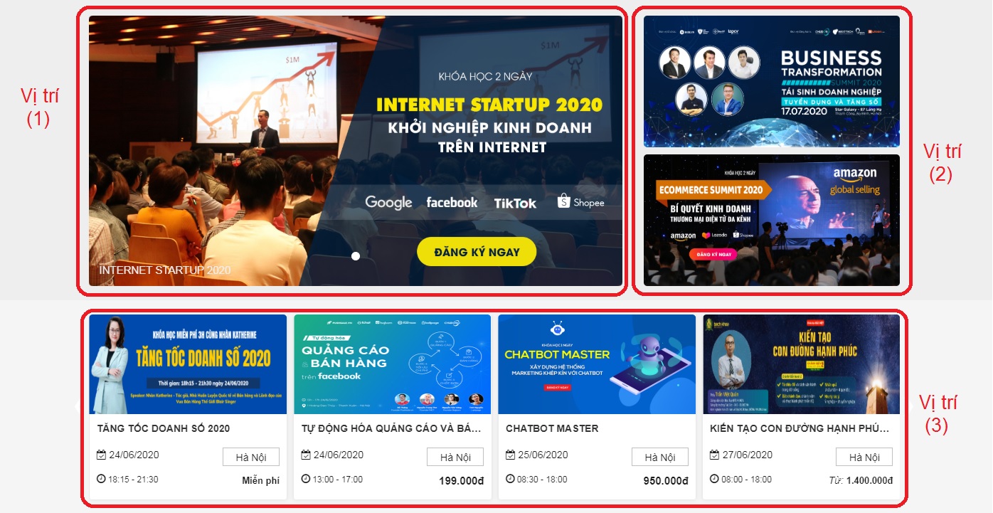 Vị trí hiển thị các sự kiện VIP